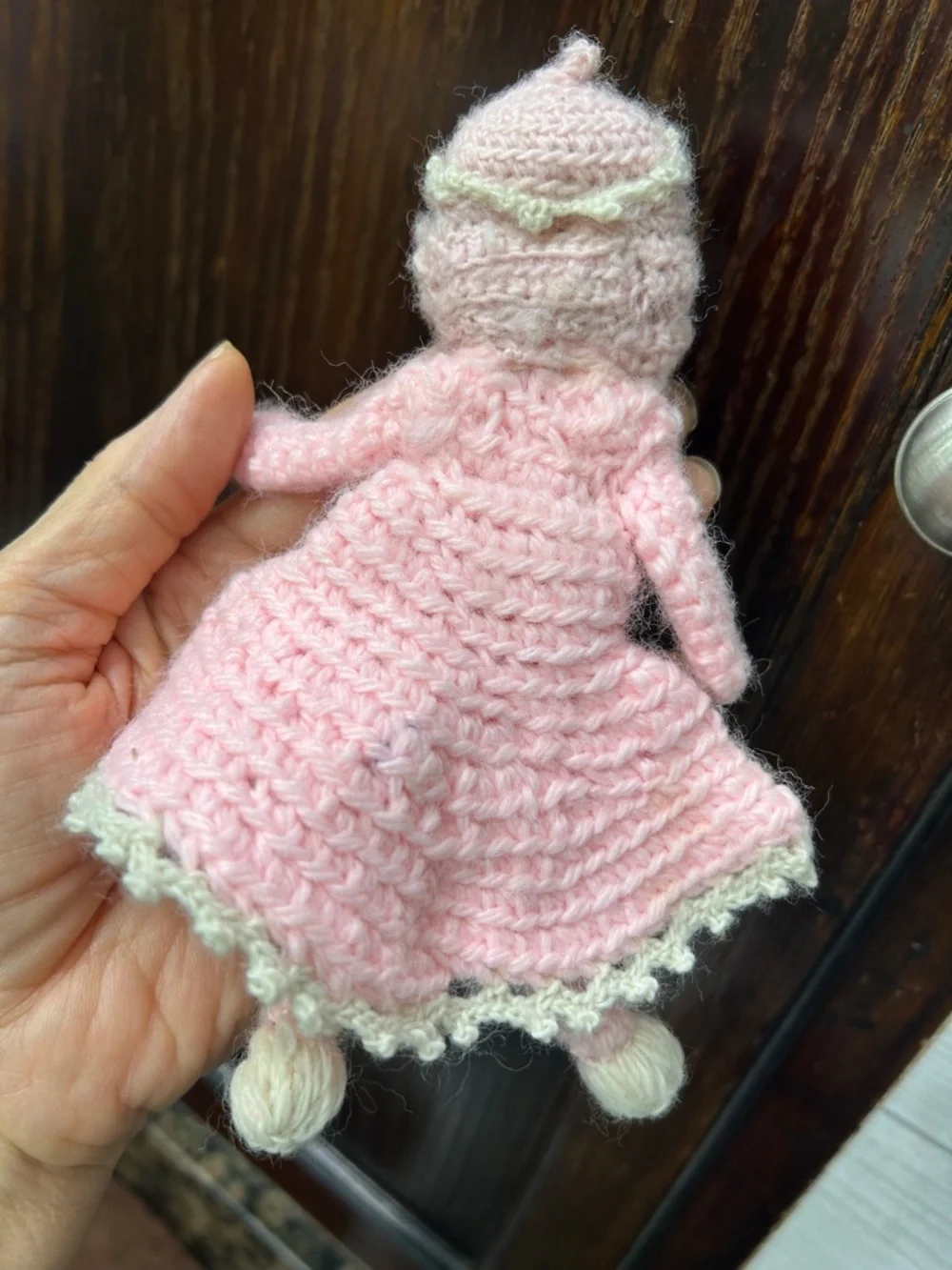 VTG Handmade Kewpie Blue Eyed Baby Doll Soft Vinyl Face Pink Crochet Kawaii 7